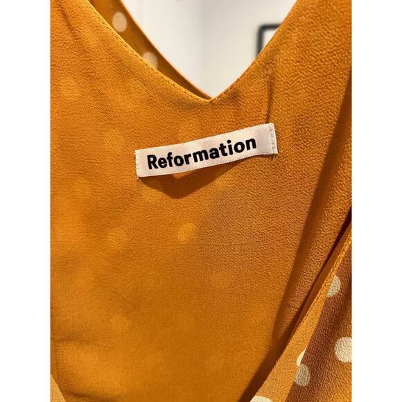 Reformation Anchorace Polka-Dot Georgette Mini Wrap Dress Mustard Size XS - Picture 6 of 7